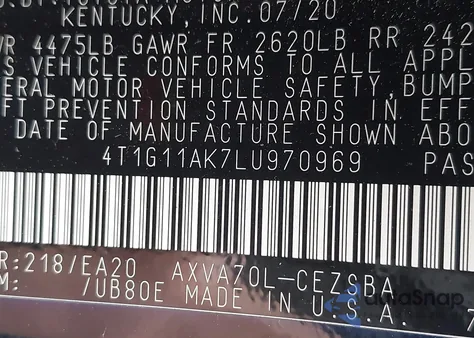 2020 Toyota Camry Se from USA, damaged, VIN 4T1G11AK7LU970969